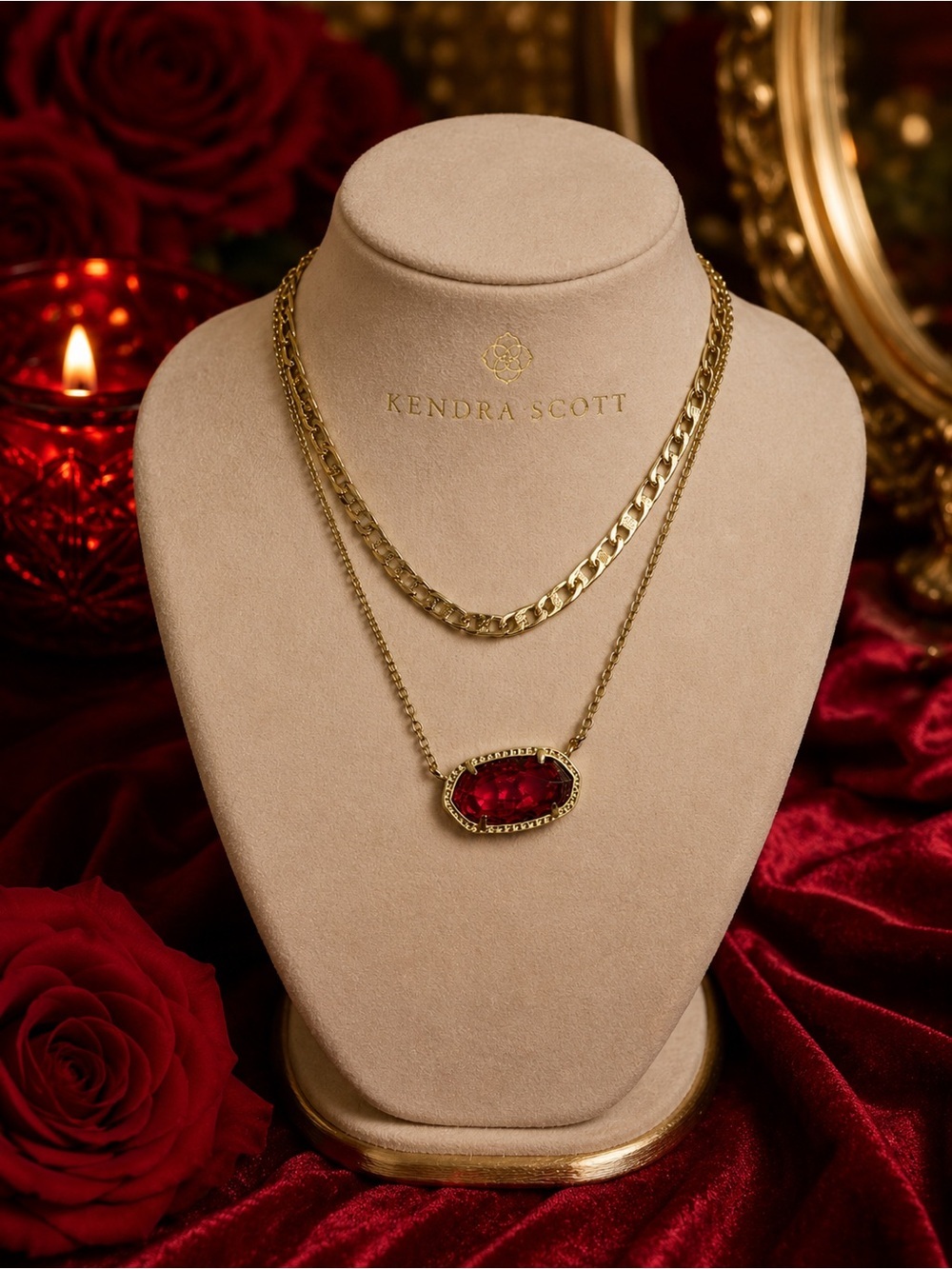Kendra Scott Gold Layered Necklace with Red Gem Pendant